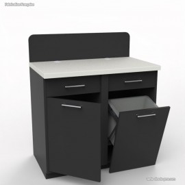 Meuble café graphite et blanc comportant une poubelle basculante pour optimiser l'espace de rangement 
