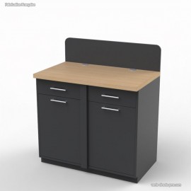 Meuble café avec poubelle basculante en corps de meuble graphite et dont le plan de travail est en bois de chêne 