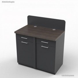 Meuble café en graphite et wengé comportant une poubelle basculante intégrée directement dans les rangements intérieurs 