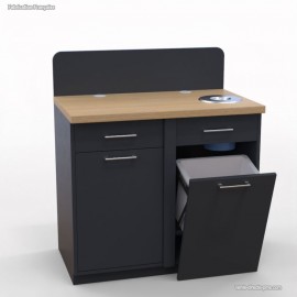 	Meuble pour machine à café de couleur graphite et chene doté deux poubelles idéales pour traiter les déchets en entreprise
