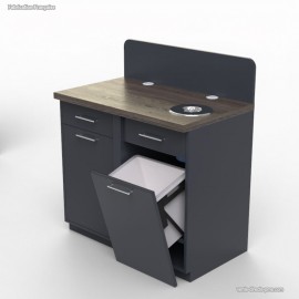  	Meuble pour machine à café de couleur graphite et wengé doté deux poubelles idéales pour traiter les déchets en entreprise