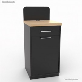 Petit meuble graphite avec sa poubelle basculante directement intégrée dans le mobilier salle de pause