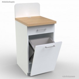 Petit meuble blanc avec poubelle basculante permettant de gérer le tri des déchets en entreprise