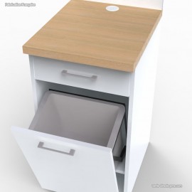 Petit meuble blanc avec poubelle basculante pour salle de pause café entreprise
