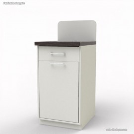 Meuble avec poubelle basculante blanc et wengé pour salle de pause café entreprise