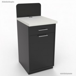 Petit meuble graphite avec poubelle basculante discrètement intégrée à l'intérieur du mobilier d'espace café