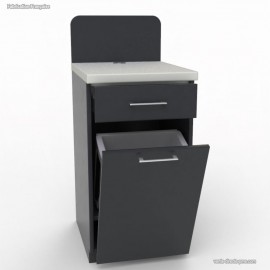 Petit meuble graphite et blanc avec poubelle basculante pour optimiser un petit espace avec une machine à café
