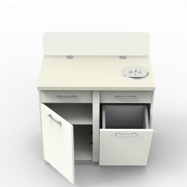 Meuble pause café entreprise blanc avec deux poubelles de couleur blanc doté de nombreux rangements en accès libres et fermés