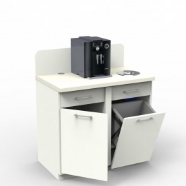 Meuble pause café entreprise blanc avec deux poubelles entièrement blanc et bois prévu pour une utilisation quotidienne