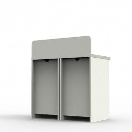 Meuble pause café entreprise blanc avec deux poubelles entièrement blanc et bois prévu pour une utilisation quotidienne 