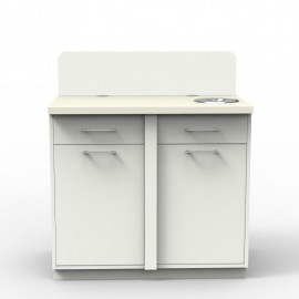  	Meuble pause café blanc face avec deux poubelles permettant une gestion des déchets optimale dans salle de pause 