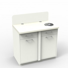 	Meuble pause café blanc avec deux poubelles permettant une gestion des déchets optimale dans salle de pause 