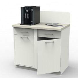  	Meuble pause café entièrement en blanc avec ses rangements et sa poubelle de table encastrée pour un entretien facile