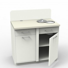  	Meuble pause café entièrement en blanc avec ses rangements et sa poubelle de table encastrée pour un entretien facile