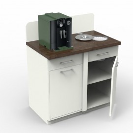 Meuble pause café corps de meuble blanc et plateau wengé poubelle intérieure