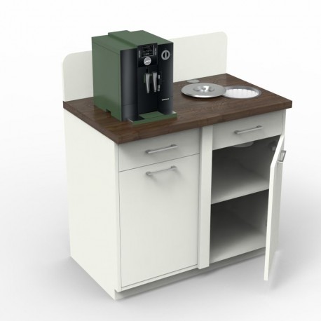 Meuble pause café corps de meuble blanc et plateau wengé poubelle intérieure Meuble pause café corps de meuble blanc et plateau wengé poubelle intérieure