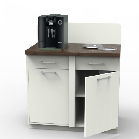 Meuble pause café blanc et wengé avec poubelle encastrée Meuble pause café blanc et wengé avec poubelle encastrée