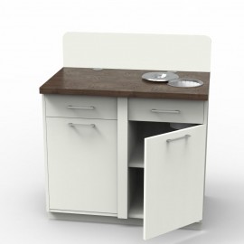 Meuble pause café corps de meuble blanc et plateau wengé avec poubelle intérieure