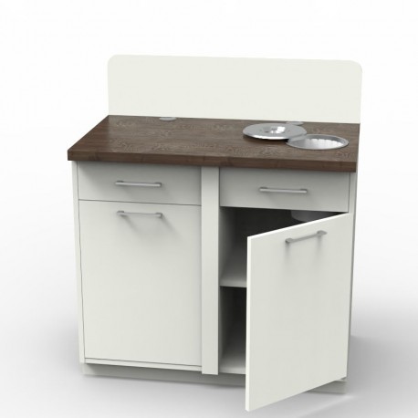 Meuble pause café corps de meuble blanc et plateau wengé avec poubelle intérieure Meuble pause café corps de meuble blanc et plateau wengé avec poubelle intérieure