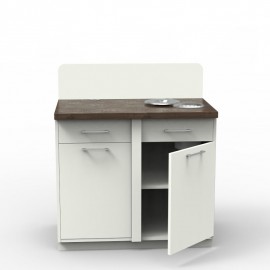  	Meuble pause café en blanc et wengé avec ses rangements et sa poubelle de table encastrée pour un entretien facile