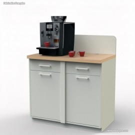 Meuble cafetière de coloris blanc pour le corps de meuble et chêne pour le plan de travail avec poubelle basculante
