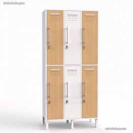 Vestiaire industrie avec casiers corps blanc comportant des 6 portes multi-couleur blanc et chêne