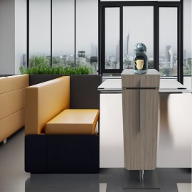 Meuble pour machine à café design en bois driftwood qui possède des rangements fermés avec des étagères fixes et un tiroir