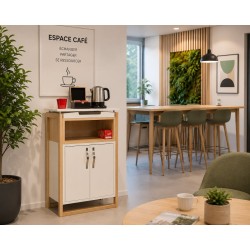 Meuble café blanc dans un coin café entreprise moderne, mobilier professionnel pour espace de pause bureau