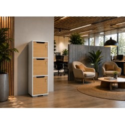 Casier de rangement bois blanc et beige clair pour rangement professionnel