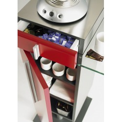 Meuble vue de haut machine à café bois avec rangement de tiroirs et étagères en accès fermés avec ou sans serrure à clé