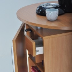 Meuble ouvert et vu en hauteur pour machines à café en bois de hêtre avec rangements pour des objets d'espace café