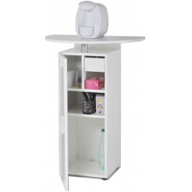 Meuble pour machines à café en blanc avec l'angle avant ouvert laissant apparaître des rangements pour vos tasses et thé