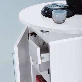 Meuble ouvert et vu en hauteur pour machines à café en bois de couleur blanc avec rangements convenant à votre espace café