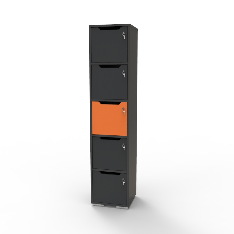 Vestiaire de bureau en bois CASEO 5 cases orange et graphite pour salle de conférence ou espace de coworking