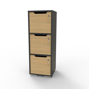 Casier vestiaire bois graphite-chêne CASEO à 3 cases convenant pour des salles de conférence et vestiaires collectif en entreprise et association