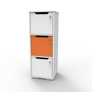 Casier vestiaire bois blanc-orange CASEO à 3 cases convenant pour des salles de conférence et vestiaires collectif en entreprise et association