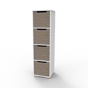 Vestiaire multicases en bois driftwood doté d'un corps blanc avec 4 cases idéal pour des salles de casiers d'universités et écoles