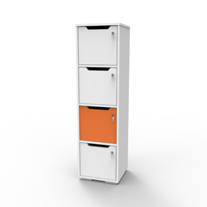 Vestiaire multicases en bois avec une case orange et un corps en blanc qui s'intègre en entreprise et collectivité livré monté et fabriqué en France
