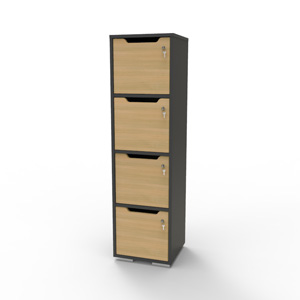 Vestiaire multicases en bois chêne et corps graphite qui est disponible en plusieurs coloris et avec plusieurs options de serrures à clé