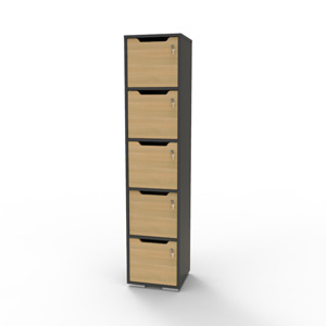 Vestiaire de bureau en bois chêne et graphite doté de 5 cases CASEO avec serrure à clé et d'autres options de serrures