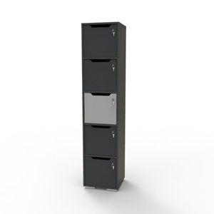 Vestiaire de bureau en bois gris et graphite étant l'élément indispensable pour du rangement d'accessoires de salariés ou visiteurs