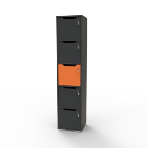 Vestiaire de bureau en bois CASEO 5 cases orange et graphite pour salle de conférence ou espace de coworking