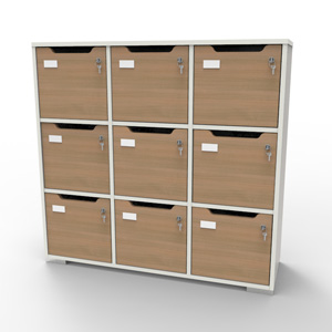 Meuble casier en bois disponible en plusieurs coloris au choix et correspondant aux attentes et besoins des vestiaires collectifs et salles de sport dans des entreprises et collectivités