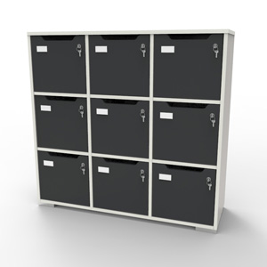 Meuble casier en bois blanc-graphite correspondant aux attentes et besoins des vestiaires collectifs et salles de sport dans des entreprises et collectivités