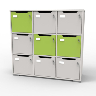 Meuble casier en bois blanc-vert correspondant aux attentes et besoins des vestiaires collectifs et salles de sport dans des entreprises et collectivités