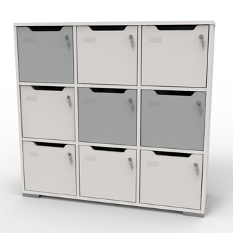 Meuble casier en bois blanc-gris correspondant aux attentes et besoins des vestiaires collectifs et salles de sport dans des entreprises et collectivités