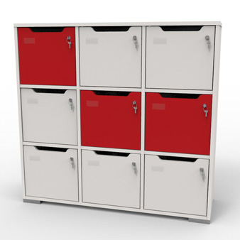Meuble casier en bois blanc-rouge correspondant aux attentes et besoins des vestiaires collectifs et salles de sport dans des entreprises et collectivités