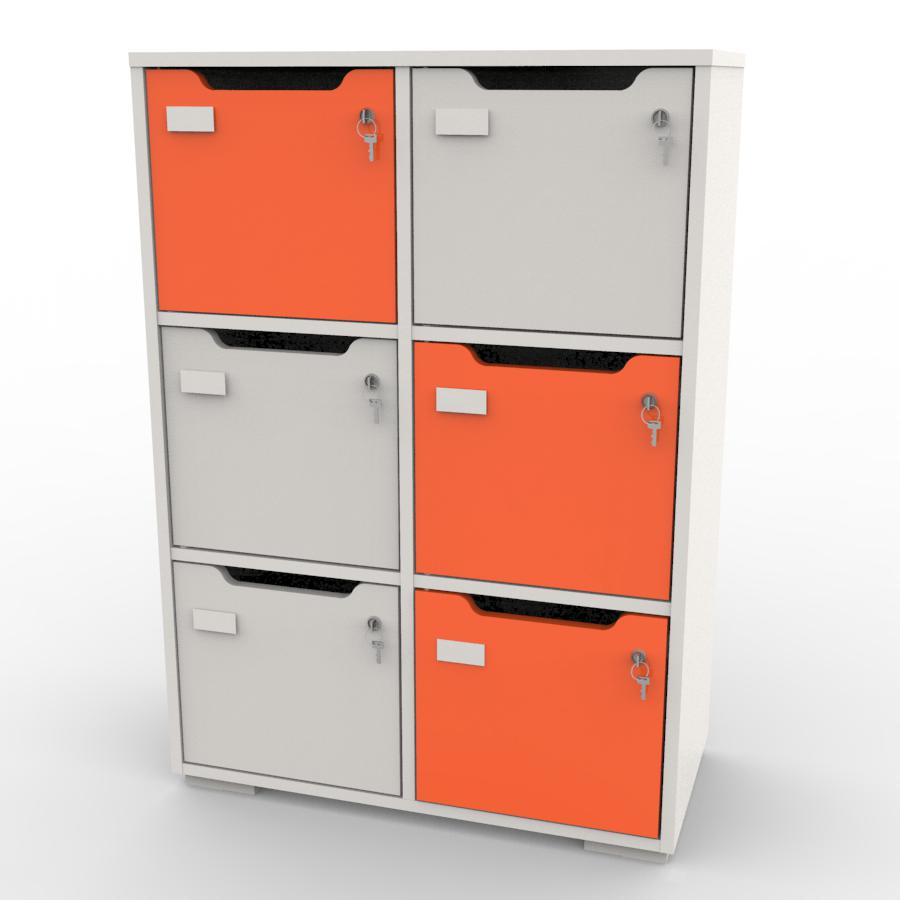 Meuble de rangement orange et blanc en 6 cases CASEO de la gamme de vestiaires multicases proposés sur Vente Directe PME
