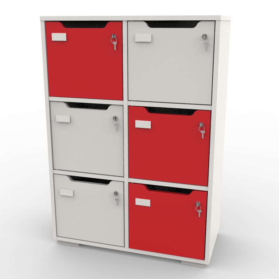 Meuble de rangement en blanc et rouge CASEO avec 6 cases pour du rangement et archivage dans des bureaux et open space