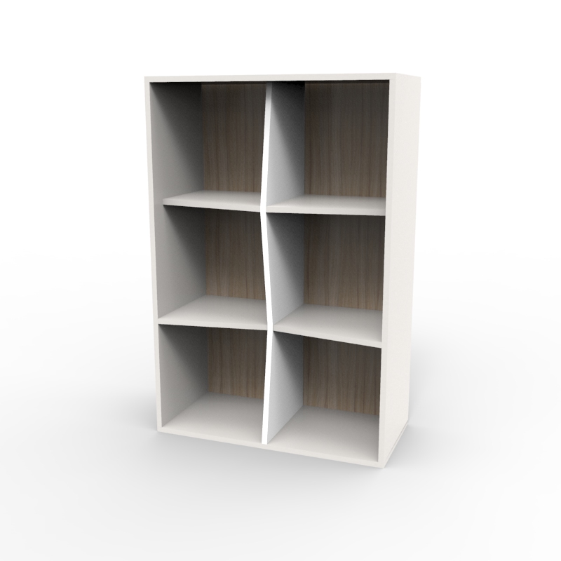 Etagère de bureau en bois 6 cases blanc et driftwood permettant de ranger des documents dont des livres et catalogues lors de salons et expositions / congrès